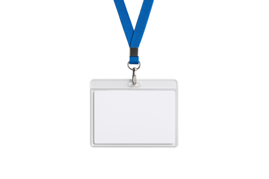 Blank ID card with blue lanyard. Corporate badge mockup.