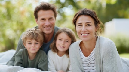 Fototapeta premium Veteran family enjoying outdoor picnic in a park, children playing while parents relax on blanket — concept of peaceful reintegration, family bonding, work-life balance, and celebrating the quiet