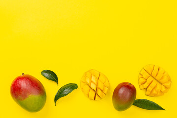 Flat lay with mango on color background, top view