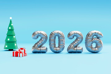 Shiny 2026 balloon digits with tree and gifts on blue studio