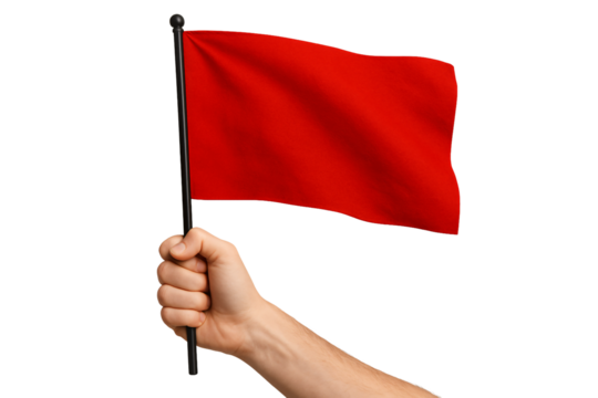 Hand holding red flag isolated on white. Warning or alert concept.
