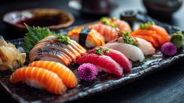A platter of assorted sushi nigiri with salmon tuna and other fish varieties displayed nicely