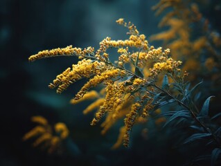 Lush Goldenrod Blooms Against Muted Teal Background Serene Botanical Landscape