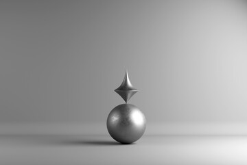 Metallic abstract sculpture with sphere and spiked form.