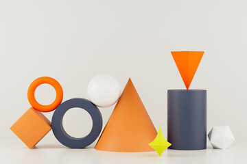 Minimal 3D shapes in studio: cones, rings, sphere, cylinder.