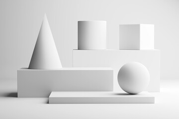 White geometric shapes on minimalist white background.