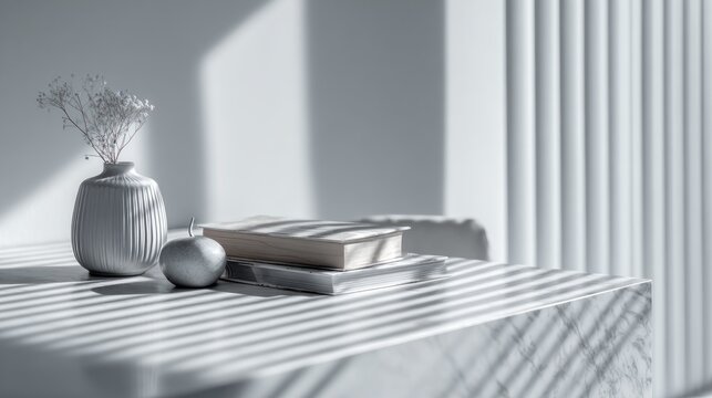 Still life with books, flowers, and fruit in a monochrome color scheme