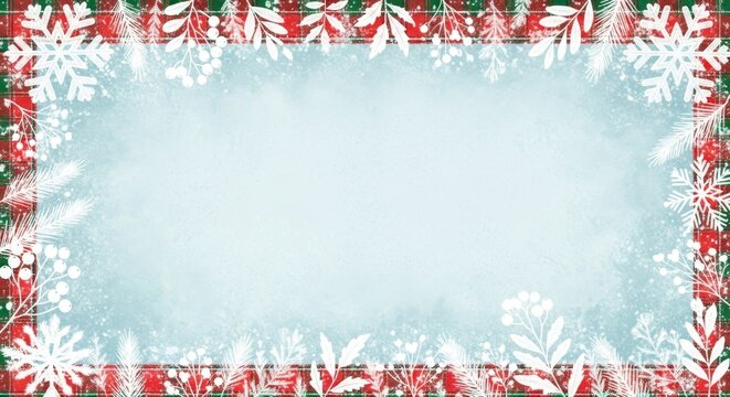 Winterlicher Rahmen aus roten gr&uuml;nen und wei&szlig;en floralen Frostmotiven umgibt eine helle Eisfl&auml;che mit gro&szlig;z&uuml;gigem Textfreiraum ideal f&uuml;r Weihnachtskarten Poster und Designs Generative KI
