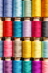 Colorful sewing threads arranged neatly in rows create a vibrant display for sewing enthusiasts in a craft store