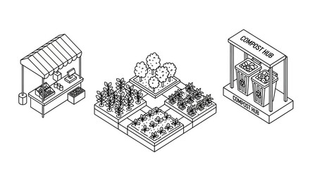 Community garden with market stall and compost hub.