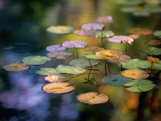 Natural pond with vibrant green, yellow, and subtle pink water lily pads floating on reflective water surface; serene aquatic garden with soft focus background and calm atmosphere.