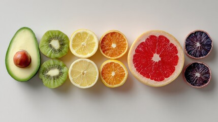 Vibrant assortment of sliced fruits arranged in a row, a healthy natural concept