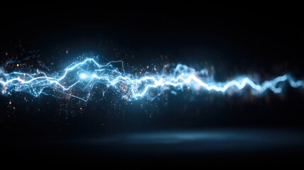 Electric Blue Lightning Bolt with Sparkling Particles on Dark Background for Dynamic Energy Concepts and High-Tech Designs