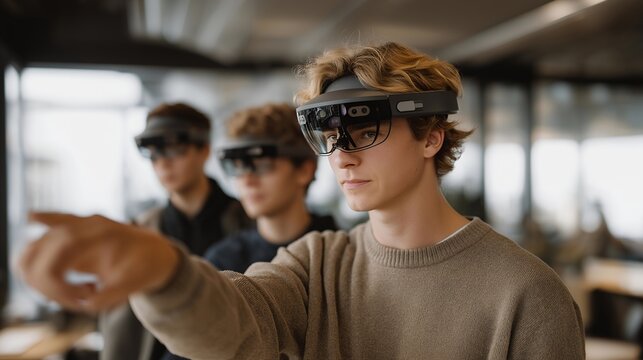 Wide-angle view of students adjusting AR lab instruments while observing real-time holographic data — representing innovative online education, virtual laboratory teamwork, and global student