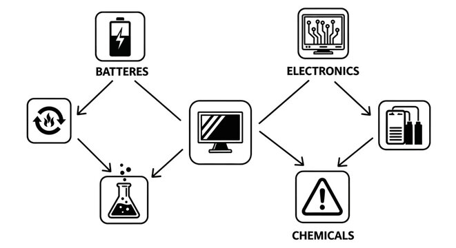 Diagram illustrating the recycling and disposal process of batteries, electronics, and chemicals.