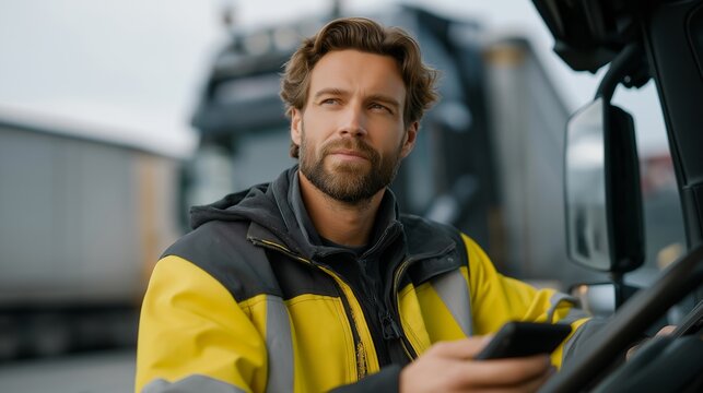 Trucker navigating a busy industrial area with digital navigation tools on the dashboard — blending tradition with modern technology to show how professional drivers embrace smart logistics, GPS
