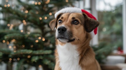 Dog wearing Santa hat curiously gazing at a decorated Christmas tree with glowing lights — concept of adorable pet holiday scene, home coziness, and authentic emotional storytelling for festive