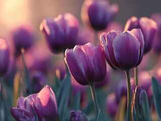 Field of glowing purple tulips basking in warm golden hour light, soft focus creating dreamy serene spring garden, tranquil floral landscape