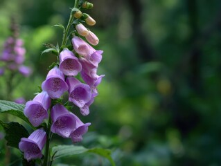 Delicate light purple foxglove flowers exhibit subtle speckles, contrasted against a lush, deep green forest background, embodying serene garden tranquility and natural beauty