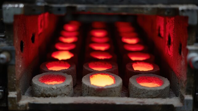 Molten metal glows brightly inside circular molds arranged in rows within an industrial furnace, casting an intense red-orange hue. The scene suggests high-temperature metalwork