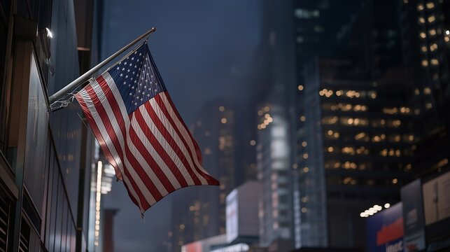USA flag stylized as neon lights on an urban downtown street at night, glowing against contemporary architecture, representing modern American cityscape, urban patriotism, and vibrant night-time - Powered by Adobe