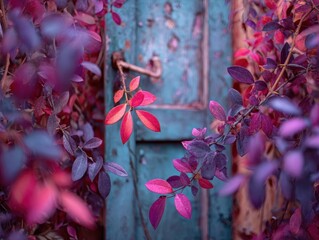 Vibrant foliage in shades of fuchsia, purple, and blue-green, contrasting against a rustic distressed wooden door with an aged metal handle, close-up botanical scene with blurred background