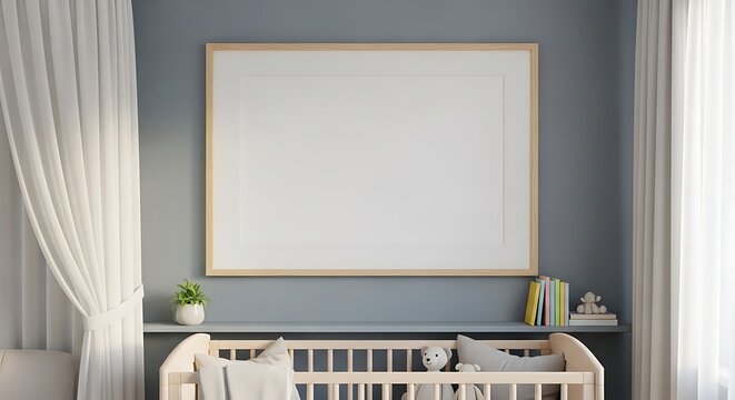Bright and serene nursery room with a wooden crib, white sheer curtains, a blank picture frame for customization, a shelf with decor, and soft blue-grey walls.