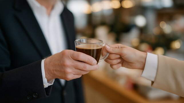 Santa entrepreneur negotiating a partnership deal over coffee in a sleek coworking space decorated with subtle holiday touches — concept of festive networking, entrepreneurship during holiday - Powered by Adobe