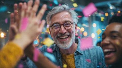 Joyful celebration with people sharing laughter and confetti in a vibrant atmosphere.