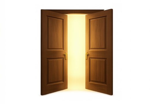 Open wooden double doors revealing bright light, discovering new opportunities, future possibilities, and hope on transparent background