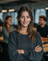 Confident woman smiling with arms crossed in a modern office setting.
