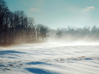 Expansive winter field, snow-covered ground, distant treeline, blowing mist under pale sky, tranquil rural scene