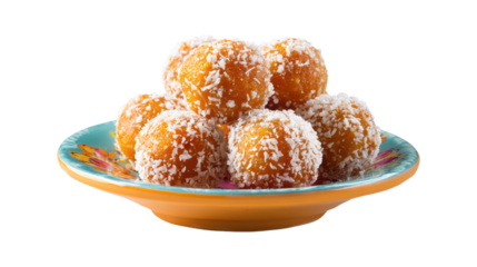 A plate of small, round, yellow and white pastries with coconut flakes