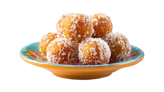 A plate of small, round, yellow and white pastries with coconut flakes