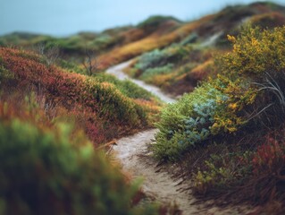 Winding Dirt Path Through a Colorful Coastal Landscape with Various Shrubs and Blurry Background and Soft Focus
