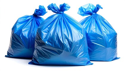 Three tied-up, plastic bags filled with unseen refuse, positioned in front of a pristine white background. Each bag is a shade of blue