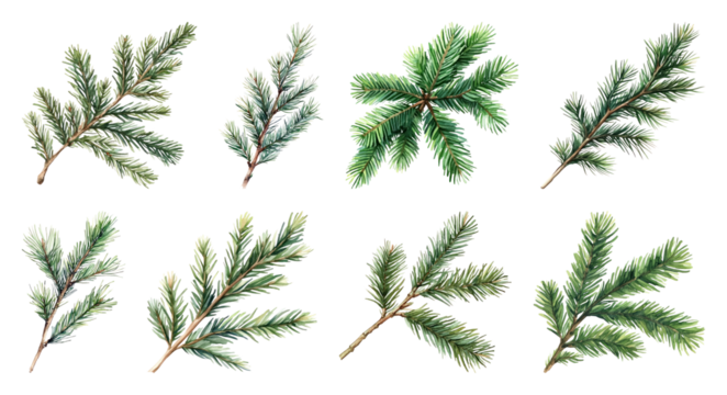 PNG Realistic evergreen branch illustrations, element set on transparent background