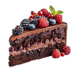 Delicious chocolate cake topped with fresh berries and mint on a simple white background on transparent background