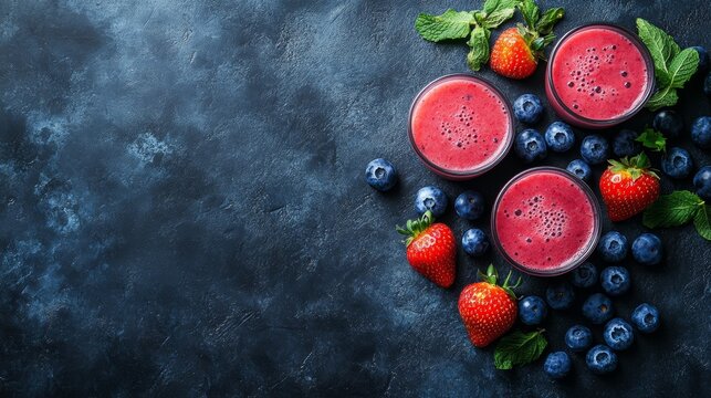 Fresh fruit smoothies with strawberries and blueberries on a dark textured background