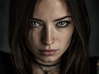 Intense gaze from a person with long hair and a nose piercing wearing layered necklaces and dark top. Their eyes are strikingly highlighted, conveying a captivating and mysterious vibe