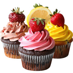 Colorful cupcakes with strawberry toppings displayed on a white background on transparent background