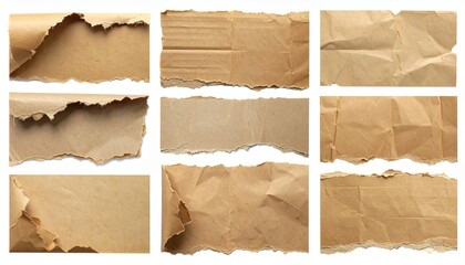 set of vintage torn or ripped kraft paper isolated on transparent png background