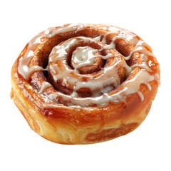 Warm cinnamon roll topped with sweet glaze on a bright surface in a cozy bakery setting on transparent background
