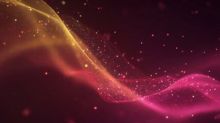 Obraz premium Abstract colorful wave patterns with glowing particles in vibrant shades of pink, yellow, and orange on a dark background for creative design use