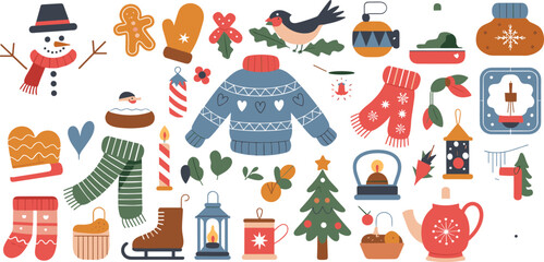 Christmas winter objects and elements flat design snowman