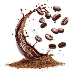 Rich chocolate splash surrounds flying coffee beans and powder creating a dynamic culinary scene on transparent background