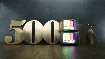 golden number 500K five hundred thousand social media followers with old retro television on dark background