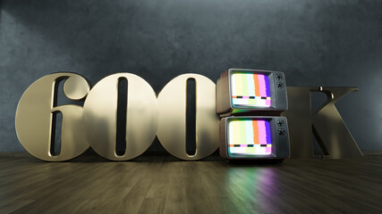 golden number 600K six hundred thousand social media followers with old retro television on dark background