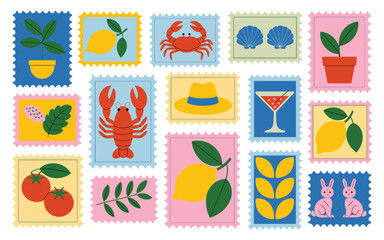 Collection of Flat Design Stamps with Summer and Nature Motifs