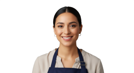Smiling 25-29-year-old Hispanic woman, a calligrapher creating elegant New Year's invitations, wearing an artistic smock. Ideal for holiday promotions, creative services, and event design.